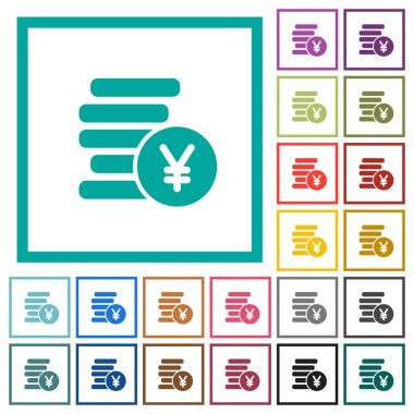 Yen düz renk simgeleri beyaz arka plan üzerinde çeyreği çerçevelerle paralar