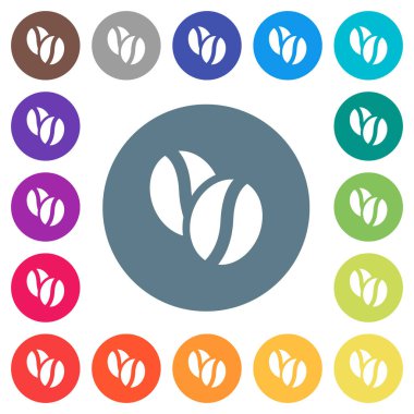 Kahve yuvarlak renkli arka planlar üzerinde düz beyaz simgeler fasulye. 17 arka plan renk değişimleri dahil.