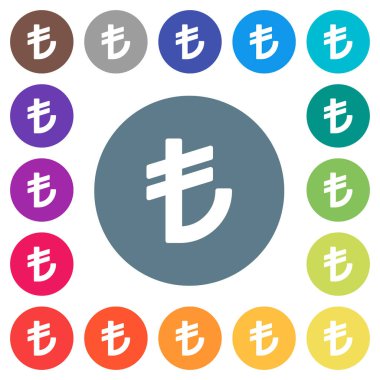 Türk Lirası işaret yuvarlak renkli arka planlar üzerinde beyaz simgeler düz. 17 arka plan renk değişimleri dahil.