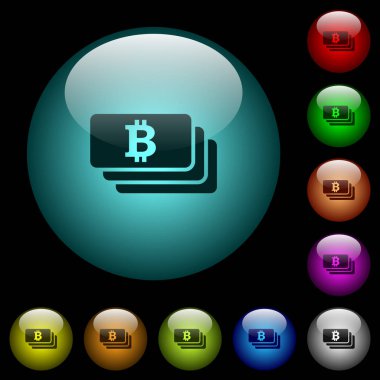 Renkli ışıklı küresel cam düğmeler siyah arka plan üzerine Bitcoin banknotlar simgeler. Siyah veya koyu şablonları için kullanılabilir
