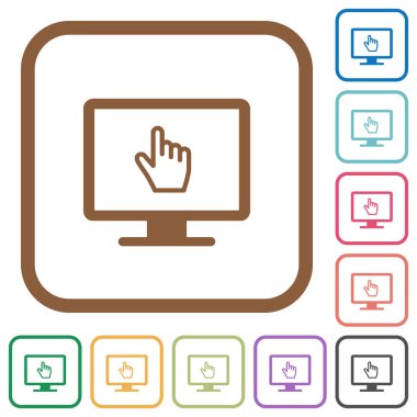 Kare kare beyaz arka plan üzerinde renkli imleç basit simgeler işaret ile monitör yuvarlak