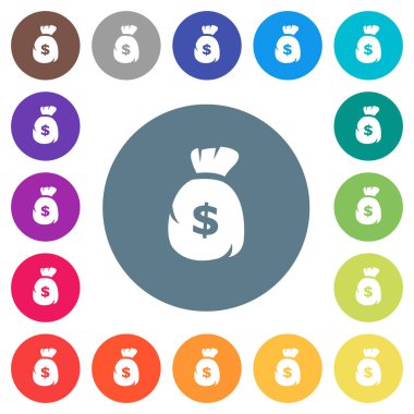 Yuvarlak Doları para çantası düz beyaz simgeler üzerinde renkli arka planlar. 17 arka plan renk değişimleri dahil.
