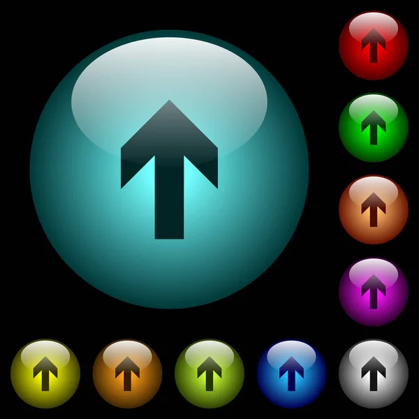 上箭头图标在彩色照明球形玻璃按钮黑色背景 可用于黑色或深色模板 — 图库矢量图片