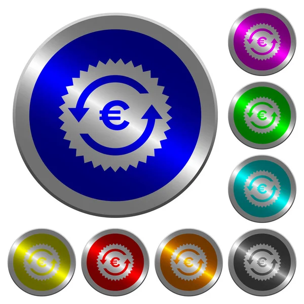 欧元支付担保贴纸图标圆形发光硬币状颜色钢按钮 — 图库矢量图片