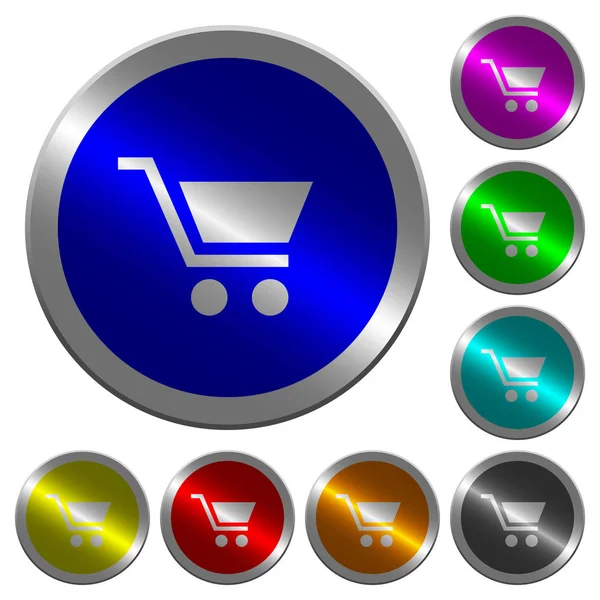 Lege Shopping Cart Pictogrammen Ronde Knoppen Lichtgevende Munt Achtige Kleur — Stockvector