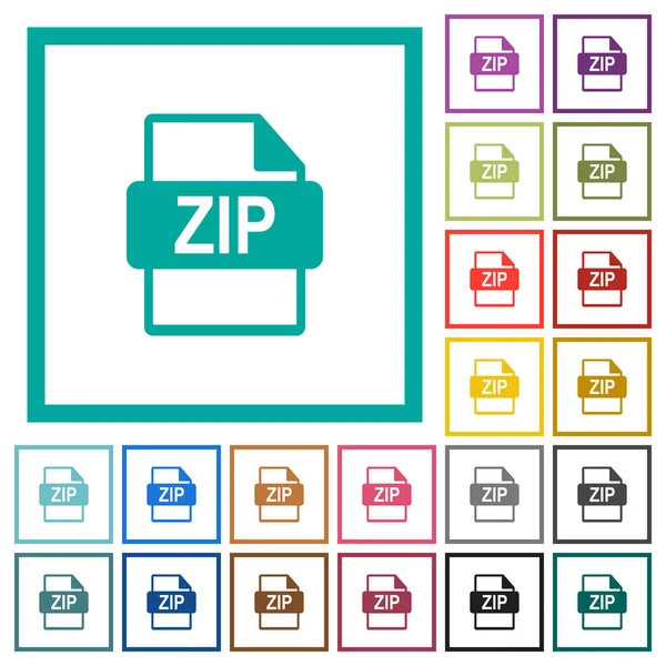 Zip Bestand Formaat Egale Kleur Icons Met Kwadrant Frames Witte — Stockvector