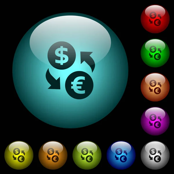 Dollarn Euron Pengar Exchange Ikoner Färg Upplyst Sfäriska Glas Knappar — Stock vektor