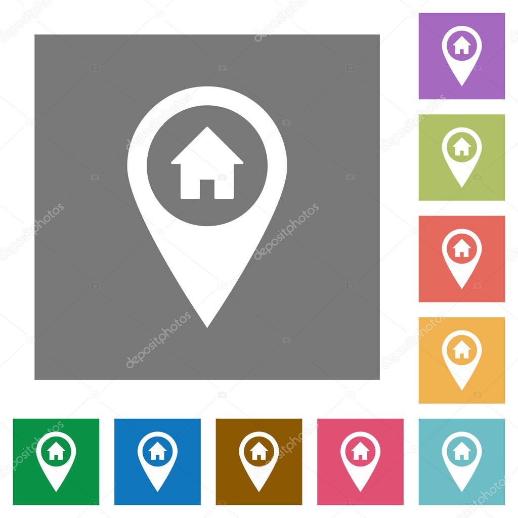 Home address GPS map location flat icons on simple color square backgrounds