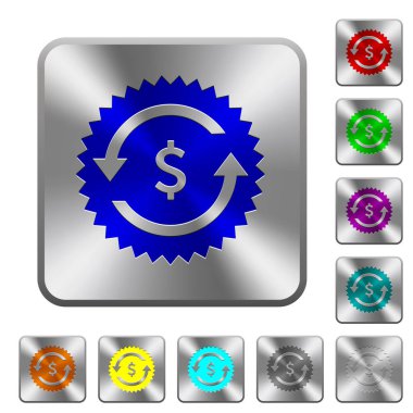 Doları ödeme iade garantisi etiket simgeler Yuvarlatılmış kare parlak çelik düğmeler üzerinde kazınmış.
