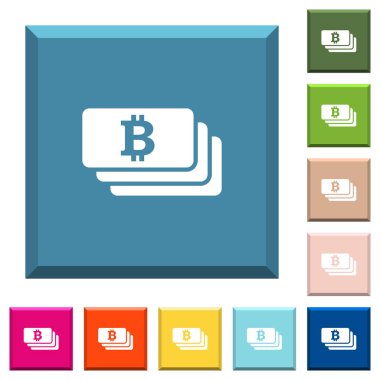 Bitcoin banknotlar simgeleri çeşitli moda renklerde ucu keskin kare düğmeleri beyaz
