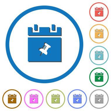 PIN zamanlama öğesi düz renk vektör simgeleri gölgelerde ile özetliyor beyaz arka plan üzerinde yuvarlak