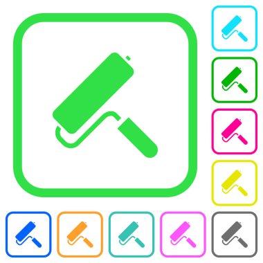 Beyaz arka plan üzerinde eğri sınırları içinde düz simgeler boya silindiri canlı renkte