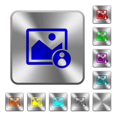 Görüntü sahibi simgeler Yuvarlatılmış kare parlak çelik düğmeler üzerinde kazınmış.