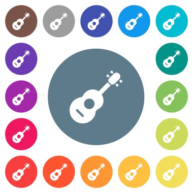 Akustik gitar düz beyaz simgeleri yuvarlak renkli arka planlar. 17 arka plan renk değişimleri dahil.