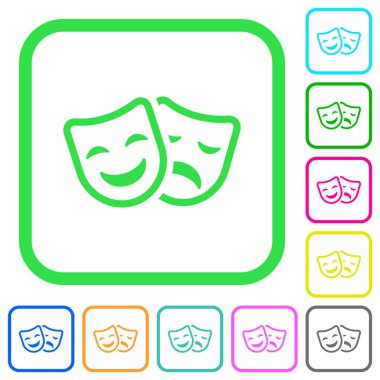 Komedi ve trajedi tiyatro maskeleri beyaz arka plan üzerinde eğri sınırları içinde canlı renkli düz simgeler