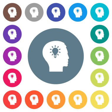 Yuvarlak renkli arka planlar üzerinde fikir düz beyaz simgeler. 17 arka plan renk değişimleri dahil.