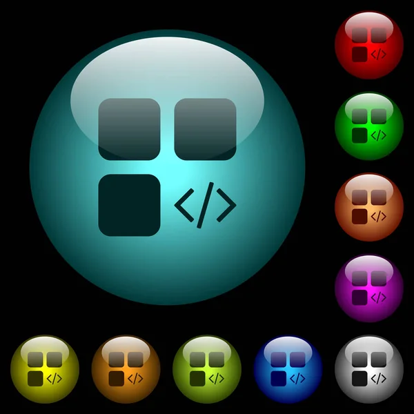 Component Programming Icons Color Illuminated Spherical Glass Buttons Black Background — Stock Vector
