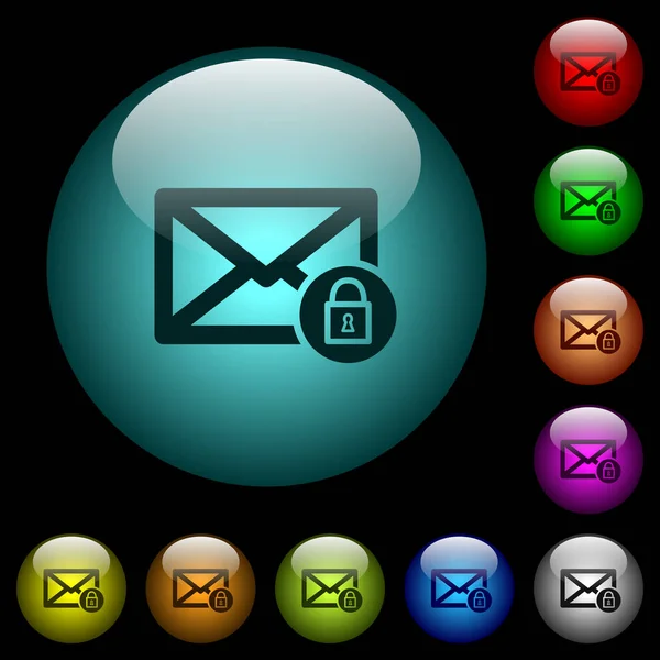 Lock Mail Icons Farbig Beleuchteten Kugelförmigen Glasknöpfen Auf Schwarzem Hintergrund — Stockvektor