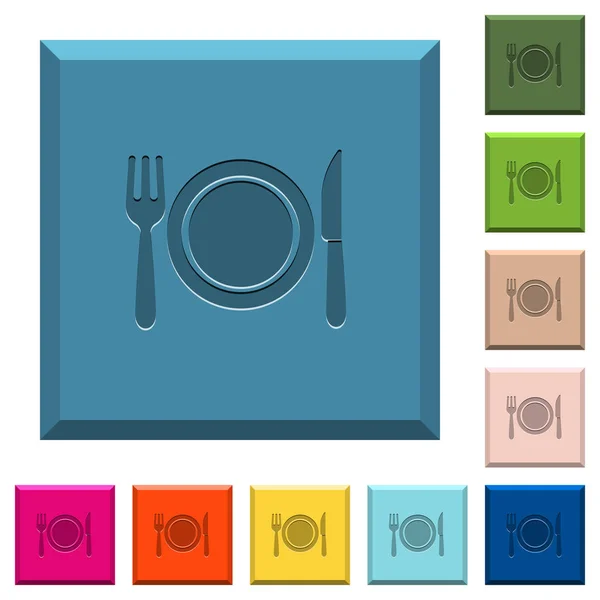晚餐刻在各种时髦颜色的边缘方形按钮的图标 — 图库矢量图片