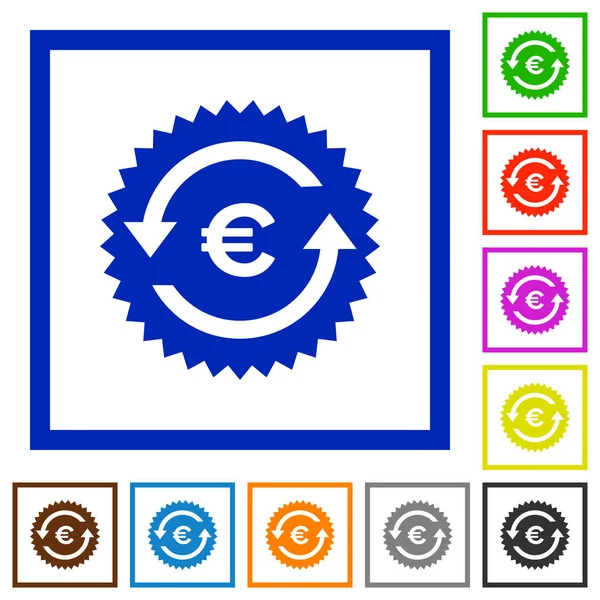 Euro Pay Back Gwarancji Naklejka Płaski Kolor Ikony Kwadratowych Klatek — Wektor stockowy