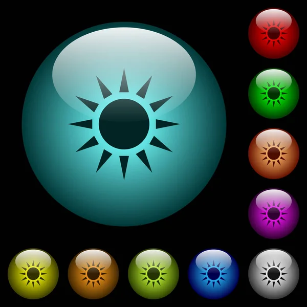 Iconos Sol Colores Iluminados Botones Vidrio Esférico Sobre Fondo Negro — Vector de stock