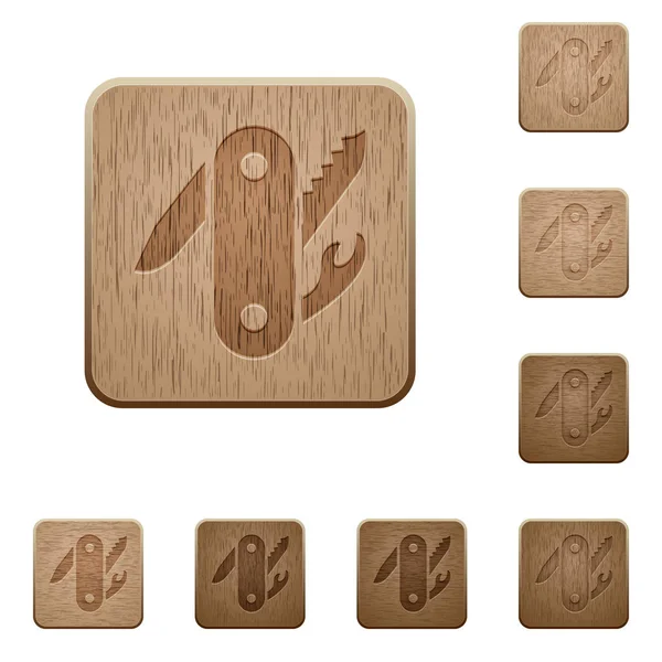 Schweizer Taschenmesser Auf Abgerundeten Quadratischen Geschnitzten Holzknöpfen — Stockvektor