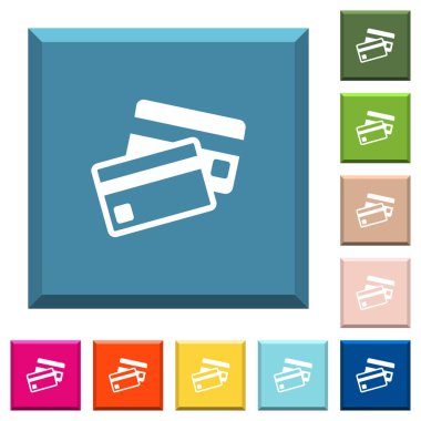 Kredi kartları simgeleri çeşitli moda renklerde ucu keskin kare düğmeleri beyaz