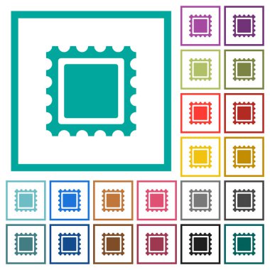 Posta damgası düz renk simgeleri beyaz arka plan üzerinde çeyreği çerçeveli