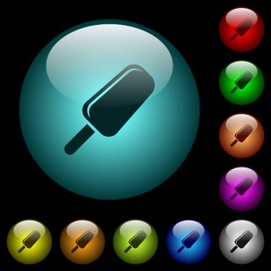 Renkli ışıklı küresel cam düğmeler siyah arka plan üzerine buz lolly simgeler. Siyah veya koyu şablonları için kullanılabilir