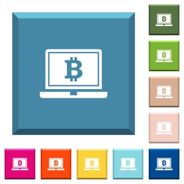 Laptop Bitcoin ile işaret çeşitli moda renklerde ucu keskin kare düğmeleri beyaz simgeler