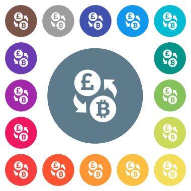 Lirası Bitcoin para değişimi yuvarlak renkli arka planlar üzerinde düz beyaz simgeler. 17 arka plan renk değişimleri dahil.
