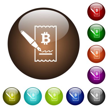 Bitcoin çek beyaz simgeler yuvarlak renkli cam düğmeleri imzalama
