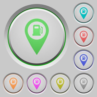 Benzin istasyonu Gps harita konum simgeler Yuvarlatılmış kare parlak çelik düğmeler üzerinde kazınmış.