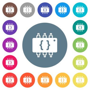 Yuvarlak renkli arka planlar üzerinde düz beyaz simgeler programlama donanım. 17 arka plan renk değişimleri dahil.