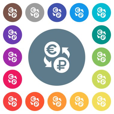 Euro Rublesi para değişimi yuvarlak renkli arka planlar üzerinde düz beyaz simgeler. 17 arka plan renk değişimleri dahil.