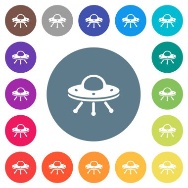 UFO düz beyaz simgeleri yuvarlak renkli arka planlar. 17 arka plan renk değişimleri dahil.