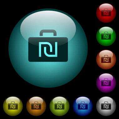 İsrail Yeni Şekeli çanta simgeler renkli ışıklı küresel cam düğmeler siyah arka plan üzerine. Siyah veya koyu şablonları için kullanılabilir