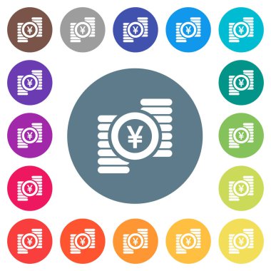 Yen yuvarlak renkli arka planlar üzerinde düz beyaz simgeler paraları. 17 arka plan renk değişimleri dahil.