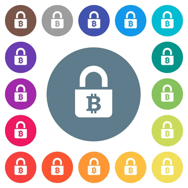 Bitcoins düz beyaz simgeler yuvarlak renkli arka planlar üzerinde kilitli. 17 arka plan renk değişimleri dahil.