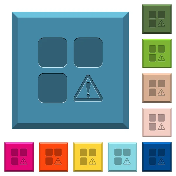 组件警告在各种时髦颜色的边缘方形按钮上刻上图标 — 图库矢量图片