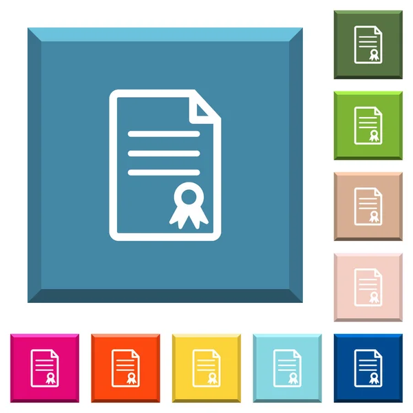 Zertifikat Dokumentieren Weiße Symbole Auf Kantigen Quadratischen Knöpfen Verschiedenen Trendigen — Stockvektor