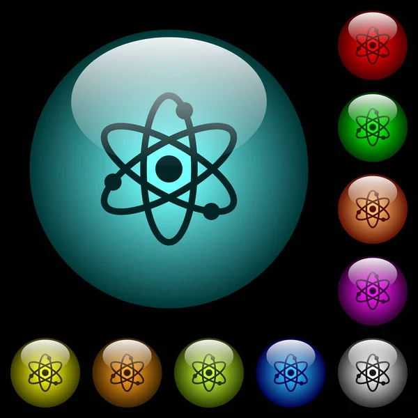 原子記号アイコン黒背景色照らされた球形ガラス ボタンで 黒または暗い色のテンプレートを使用することができます — ストックベクタ
