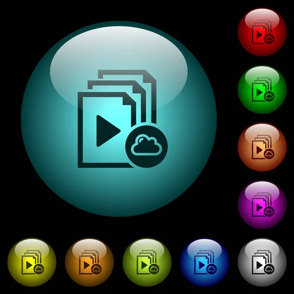 Cloud Playlist Icons Color Illuminated Spherical Glass Buttons Black Background — Stock Vector