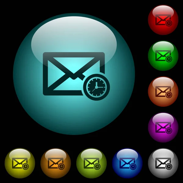 Aufgereihte Mail Symbole Farbig Beleuchteten Kugelförmigen Glasknöpfen Auf Schwarzem Hintergrund — Stockvektor