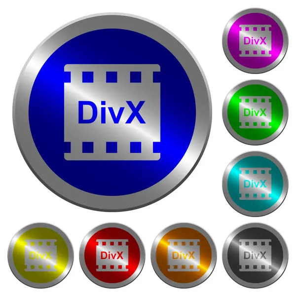 Divx 电影格式图标圆形发光硬币状颜色钢按钮 — 图库矢量图片