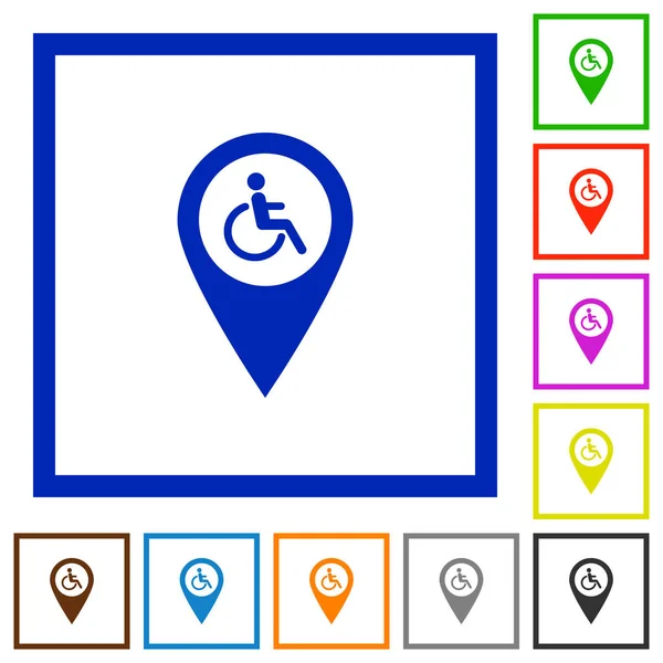 Behinderungen Zugänglichkeit Gps Karte Standort Flache Farbe Symbole Quadratischen Rahmen — Stockvektor