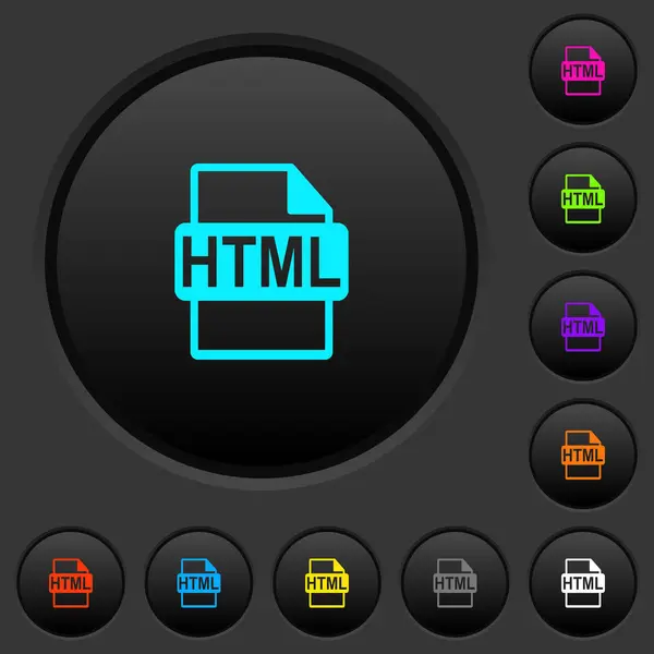 Html File Format Dark Push Buttons Vivid Color Icons Dark — Stock Vector