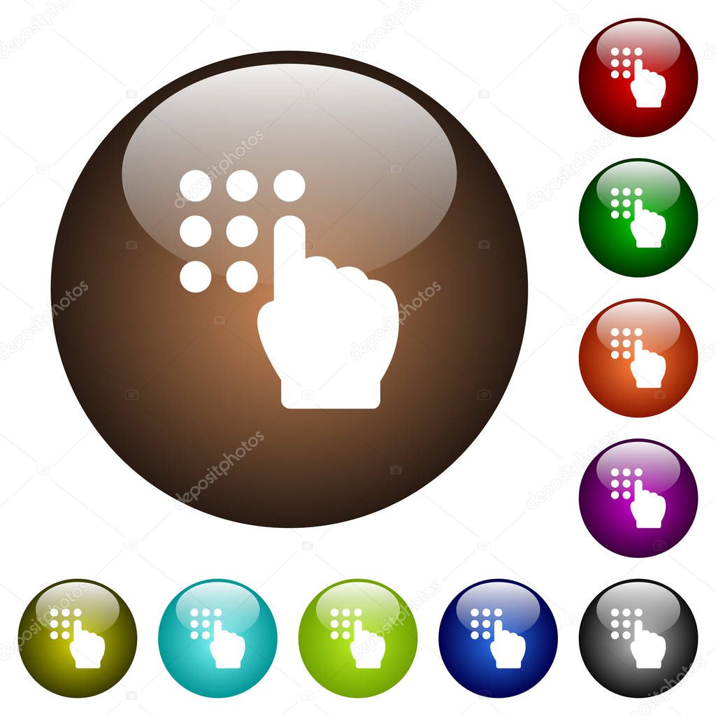 Typing security code white icons on round color glass buttons