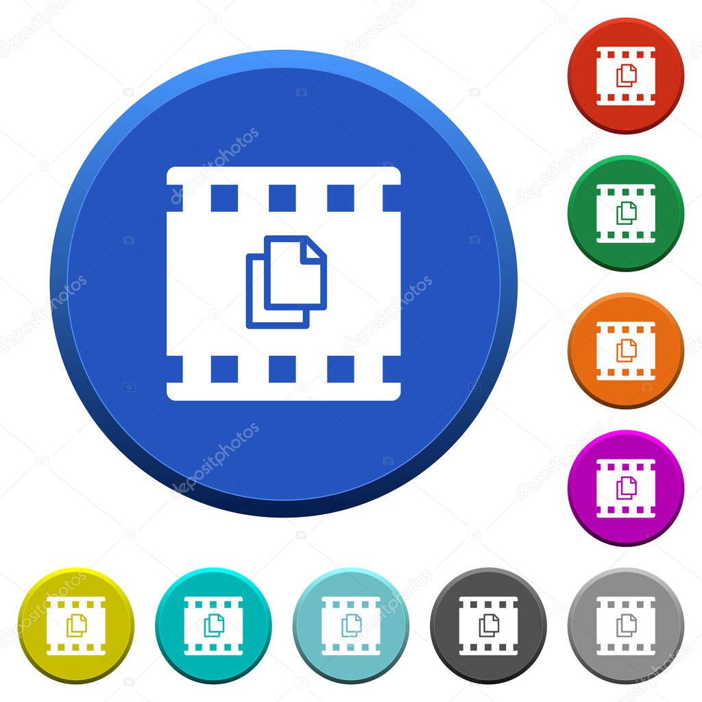 Copy movie round color beveled buttons with smooth surfaces and flat white icons