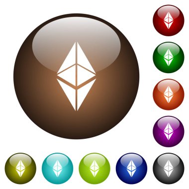 Yuvarlak Ethereum dijital cryptocurrency beyaz klasik simgeler üzerinde renk cam düğmeleri